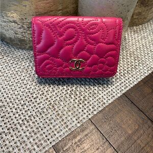 CHANEL Hot Pink Quilted Camellia Card Wallet with Gold CC